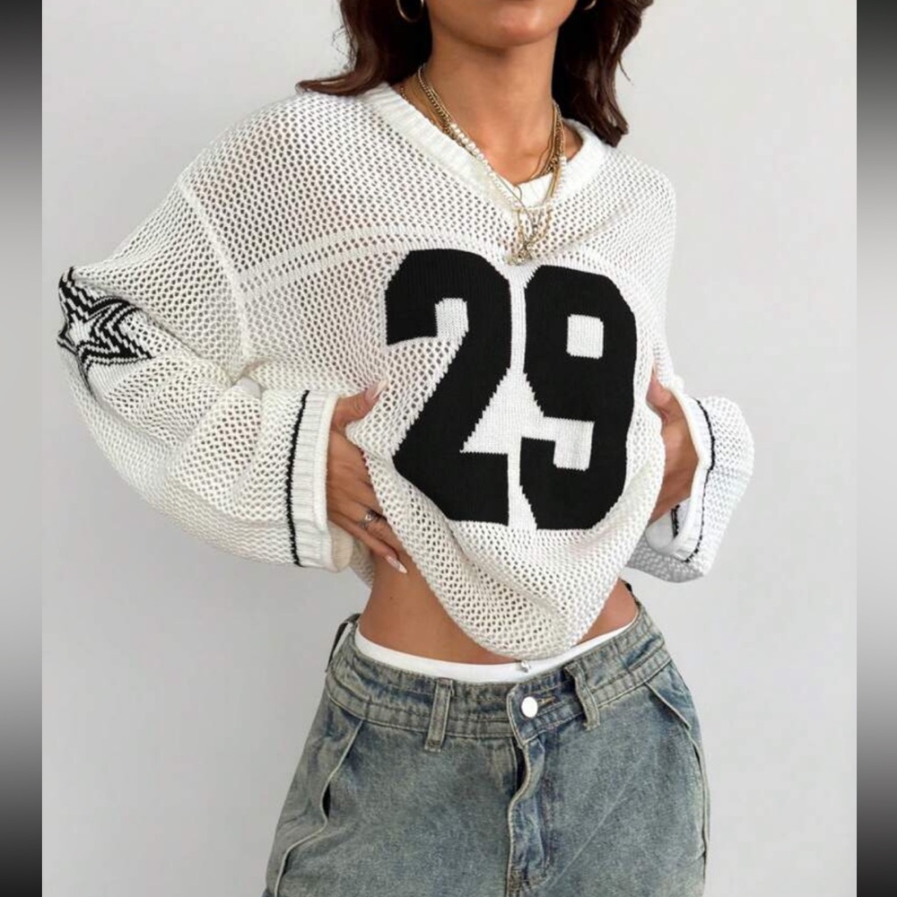 Crochet sweater Star sporty top v neck number Women's Gray Jeans white - Picture 4 of 4